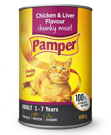 Pamper Wet Cat Food Single 385g Tin Bizzibabs Scratch Patch