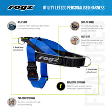 Load image into Gallery viewer, NEW PRODUCT:  ROGZ Utility LetzGo Personalised Harness - Extra Large - Badge Choices: &quot;Always Hungry&quot;, &quot;Anxious&quot;, &quot;Best Friend&quot;, &quot;Bodyguard&quot;, &quot;Bok Supporter&quot;, &quot;Friendly&quot;, &quot;Give Me Space&quot;, &quot;In Training&quot;, &quot;Do Not Pat&quot;, &quot;Working Dog&quot;
